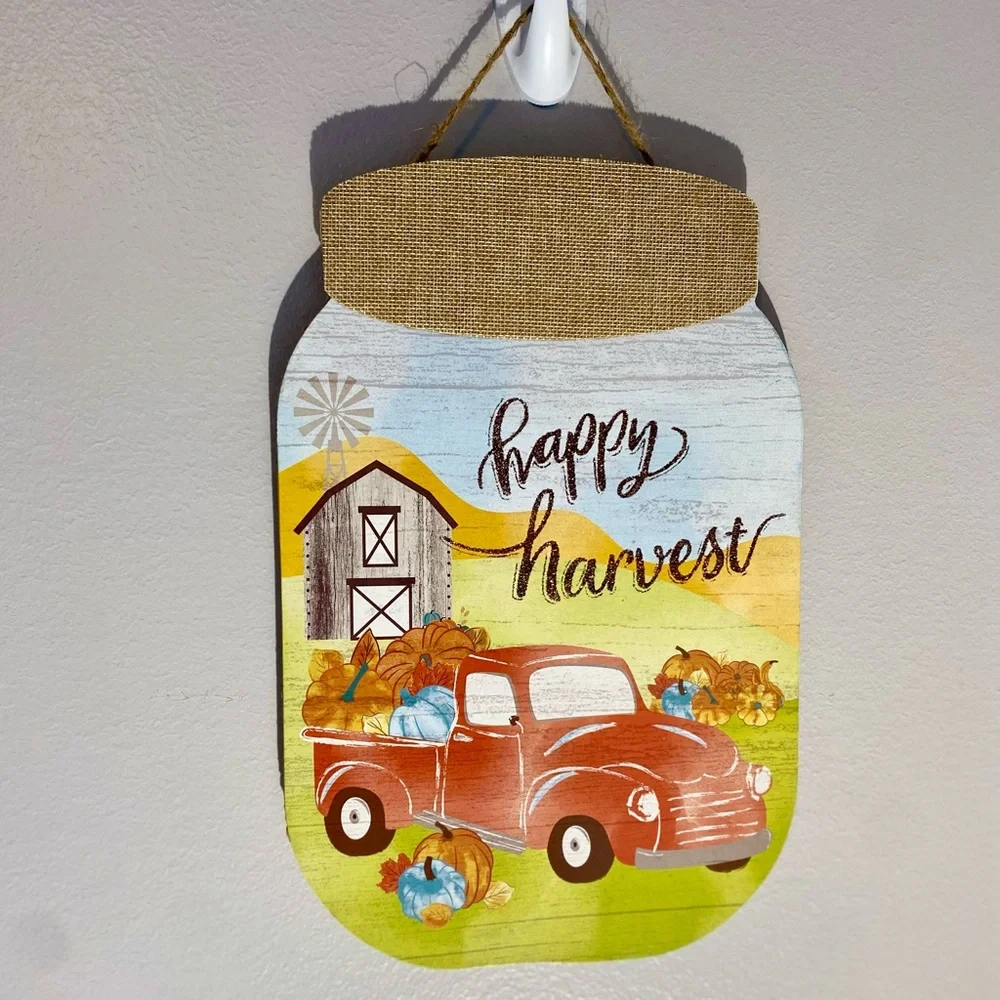 NWT Autumn Fall Mason Jar Happy Harvest Red Truck Pumpkin Farm Wall Door Sign